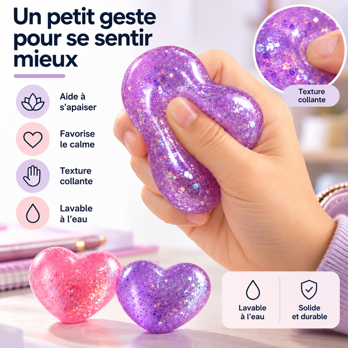 Cœur anti stress pailleté à presser – vue 3