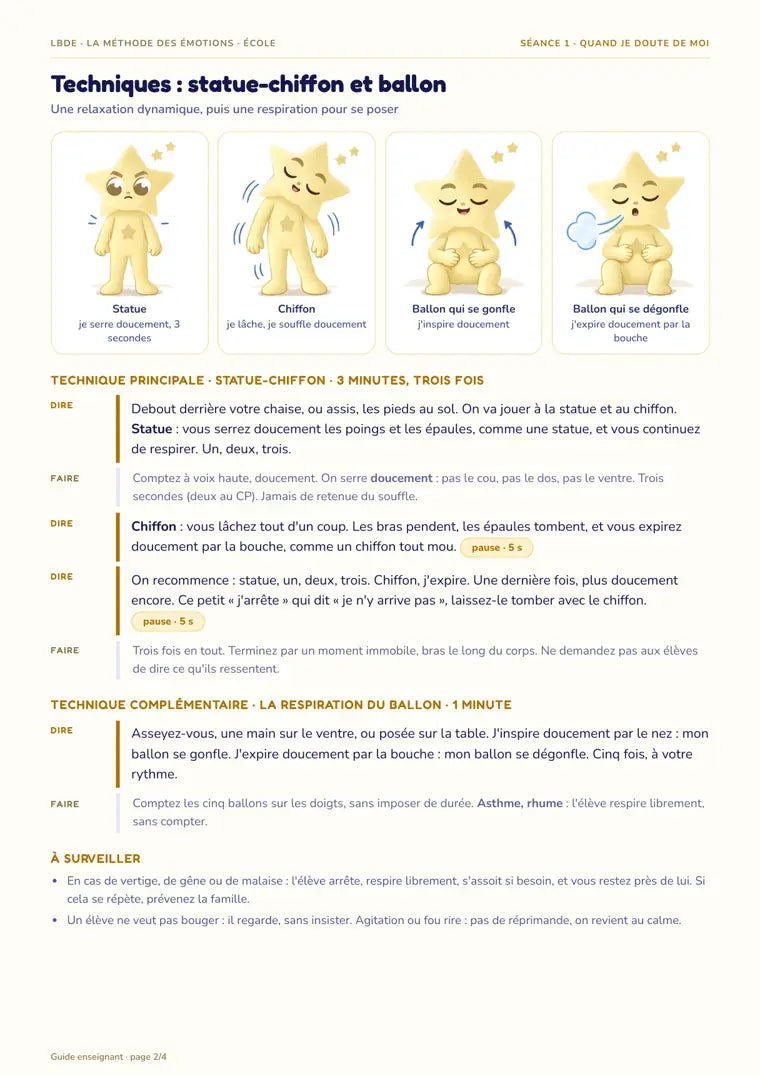 Exemple de technique guidée illustrée geste par geste dans le guide enseignant