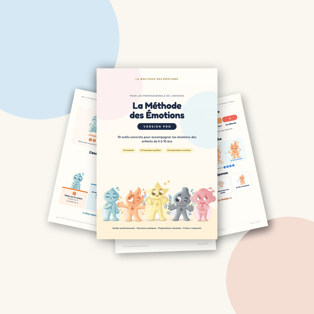 Méthode des Émotions Pro : couverture et extraits du PDF, 10 modules pour les enfants de 6 à 10 ans