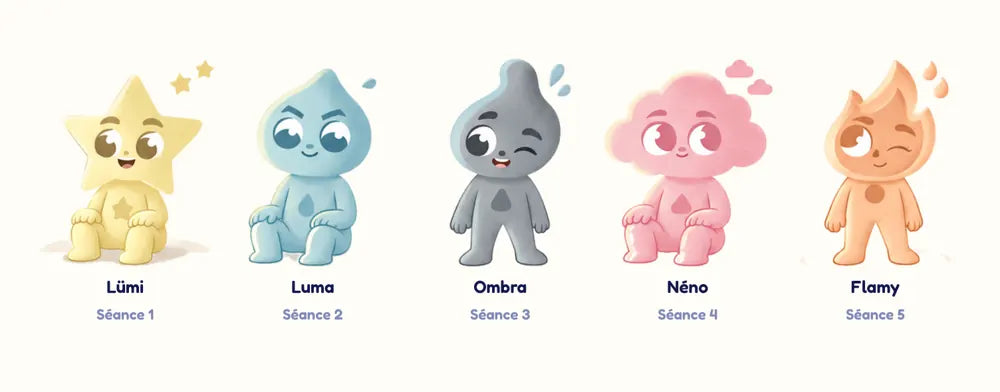 Parcours 1 : Lümi, Luma, Ombra, Néno et Flamy, les personnages des 5 séances