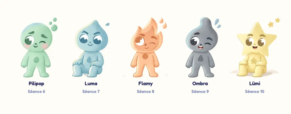 Parcours 2 : Pilipop, Luma, Flamy, Ombra et Lümi, les personnages des 5 séances